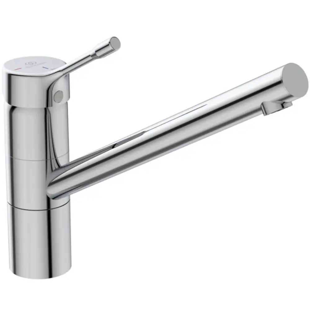 Küchenarmatur in Chrom von Ideal Standard mit hohem Auslauf und schwenkbarem Auslauf. Funktionales Design für die Küchenanwendung.